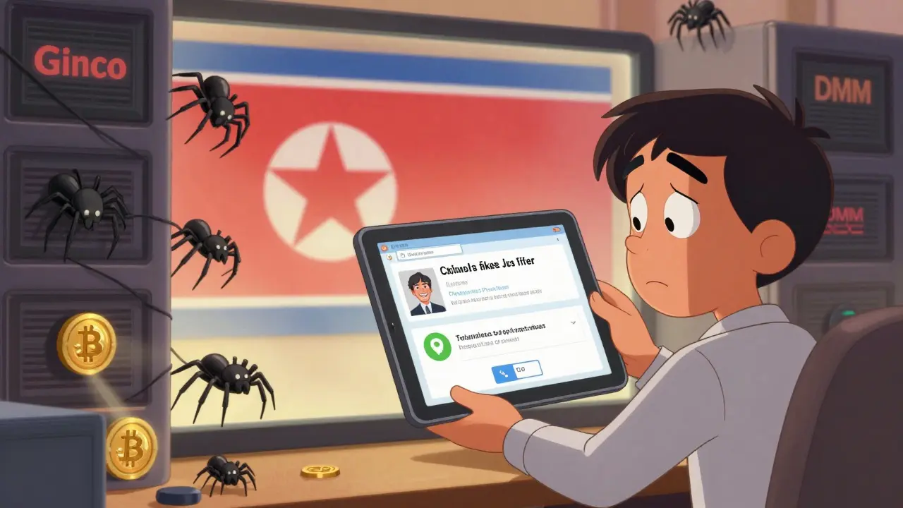 An office worker clicking a fake job link as digital spiders drain crypto servers, Disney-style.