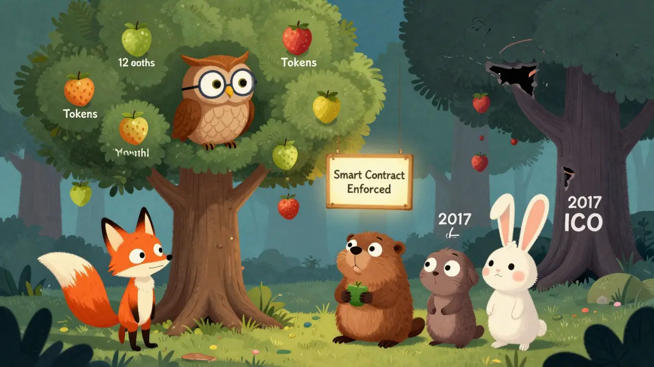 An owl explains token vesting to animal characters as fruit ripens gradually on a blockchain tree, contrasting with a fallen tree from 2017.