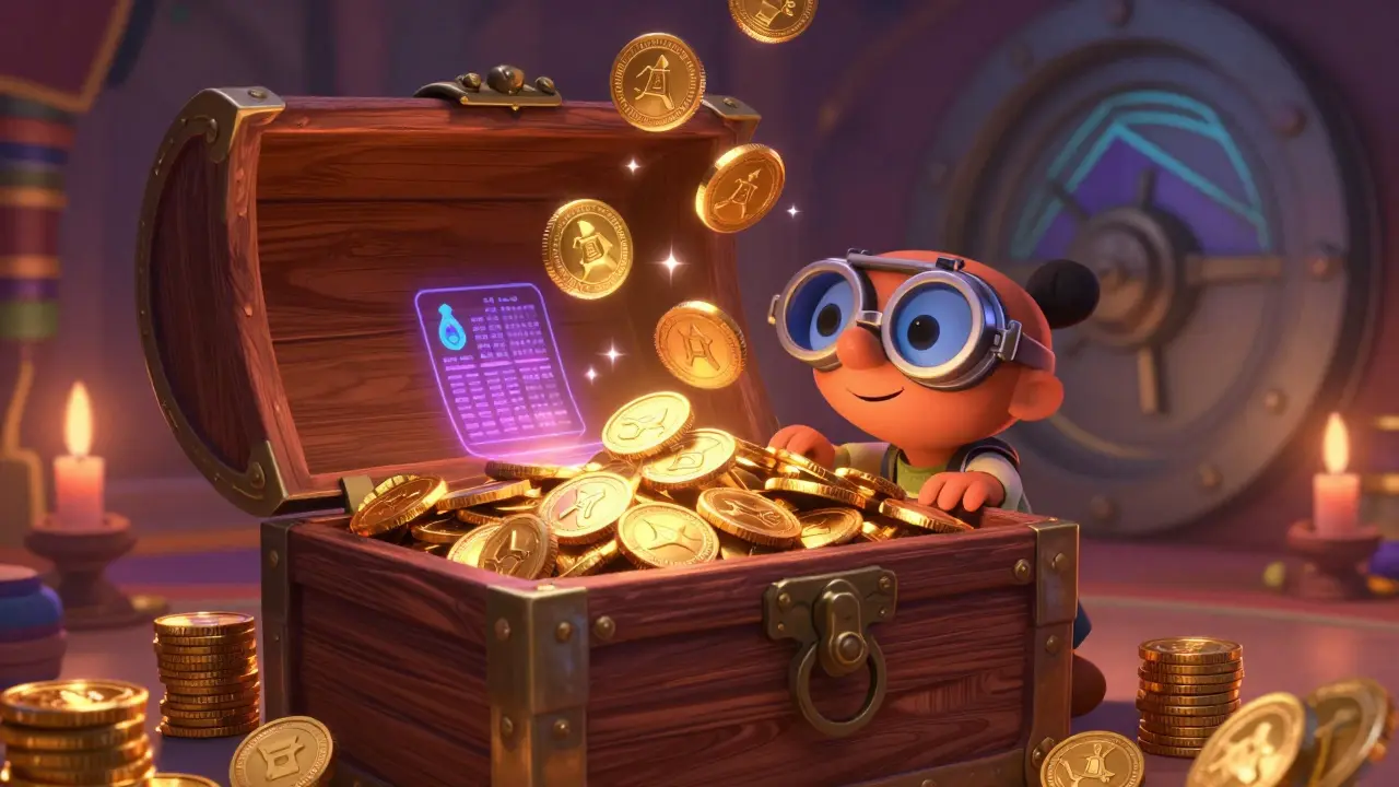 Animated explorer examining treasure chest full of shiny crypto tokens