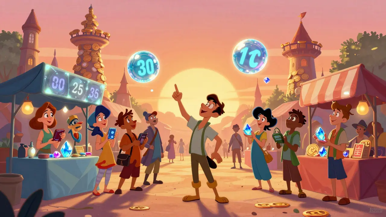 Colorful marketplace with traders gathering under floating trading orbs