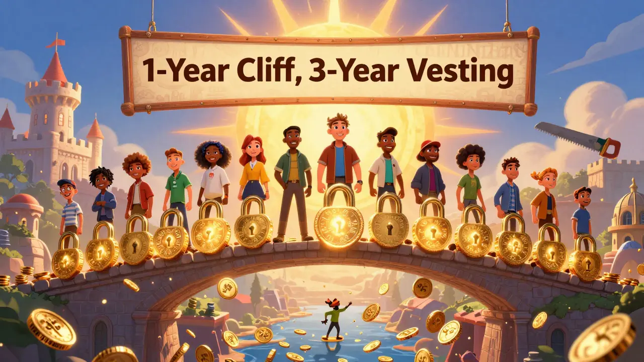 Crypto team members stand on a bridge of unlocking tokens, with a chasm of dumped coins below and Chainlink castle in the distance.