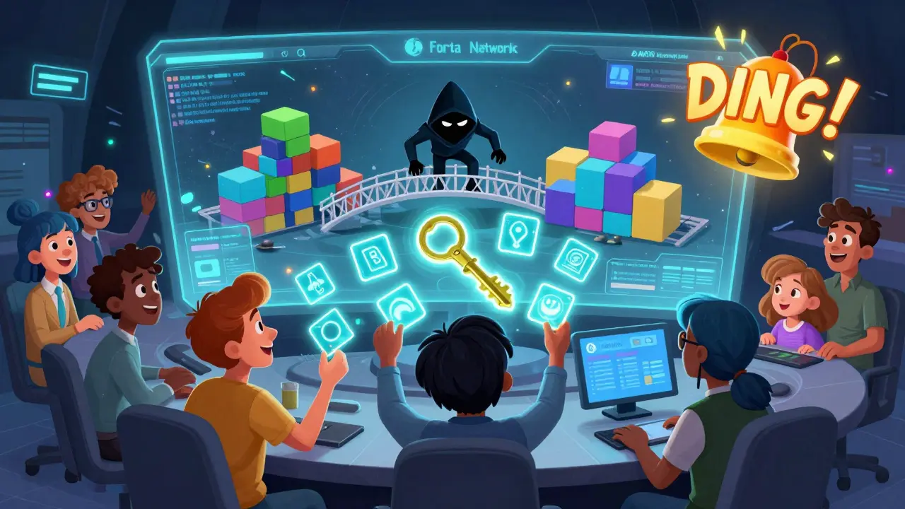 Developers monitoring a magical security dashboard as a hacker tries to breach a blockchain bridge, with MPC key fragments and alert notifications.