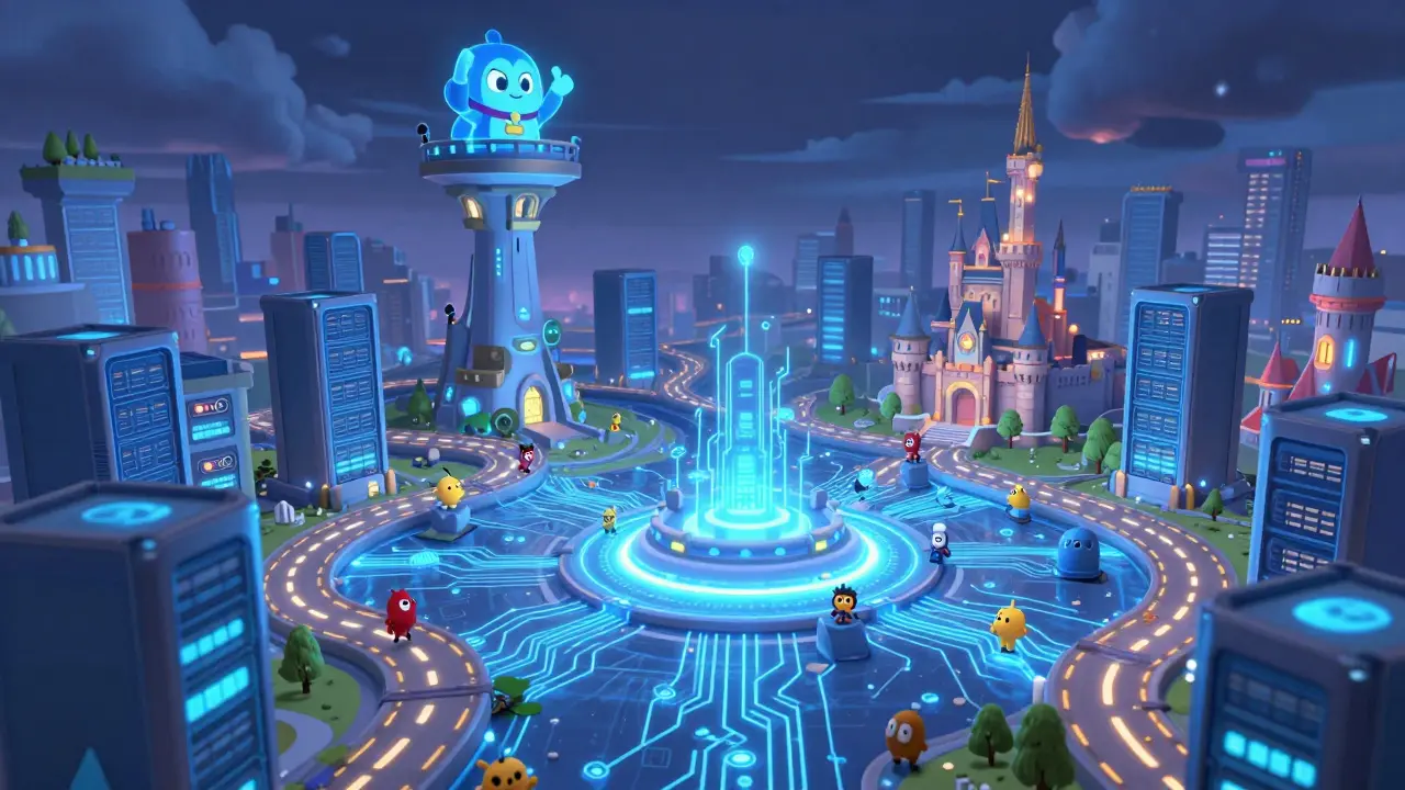 Digital kingdom with glowing pathways and guardian tower