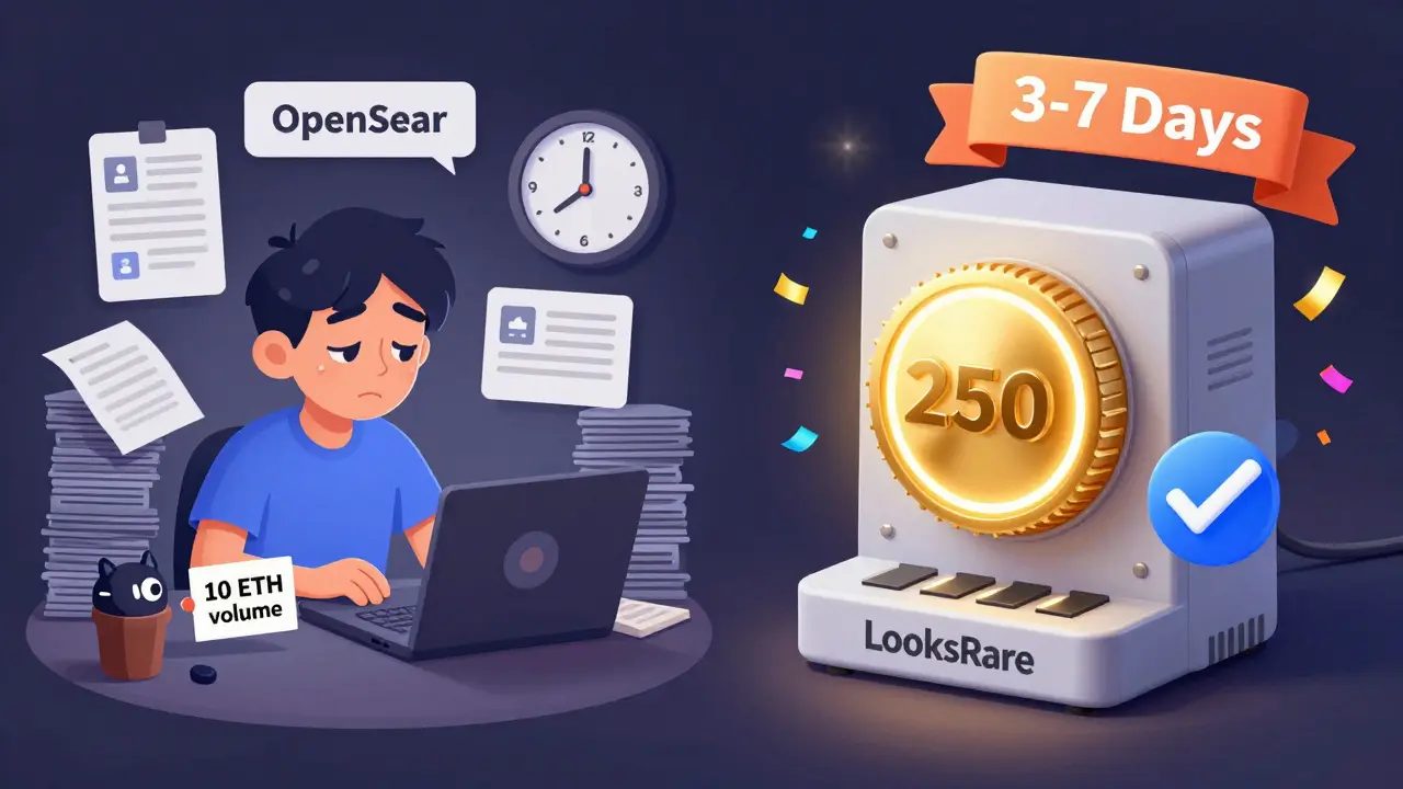 Disney-style comparison of OpenSea's slow manual review versus LooksRare's fast volume-based verification system.