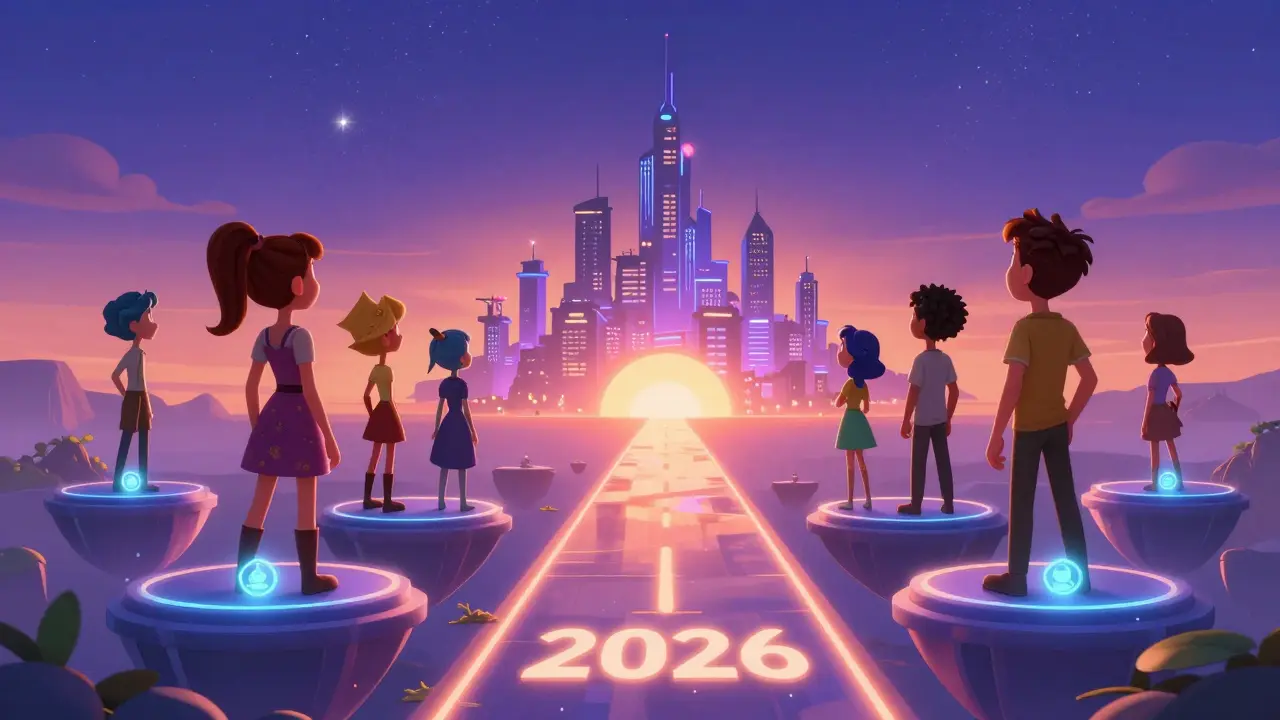 Diverse characters on floating platforms looking at a futuristic city horizon.