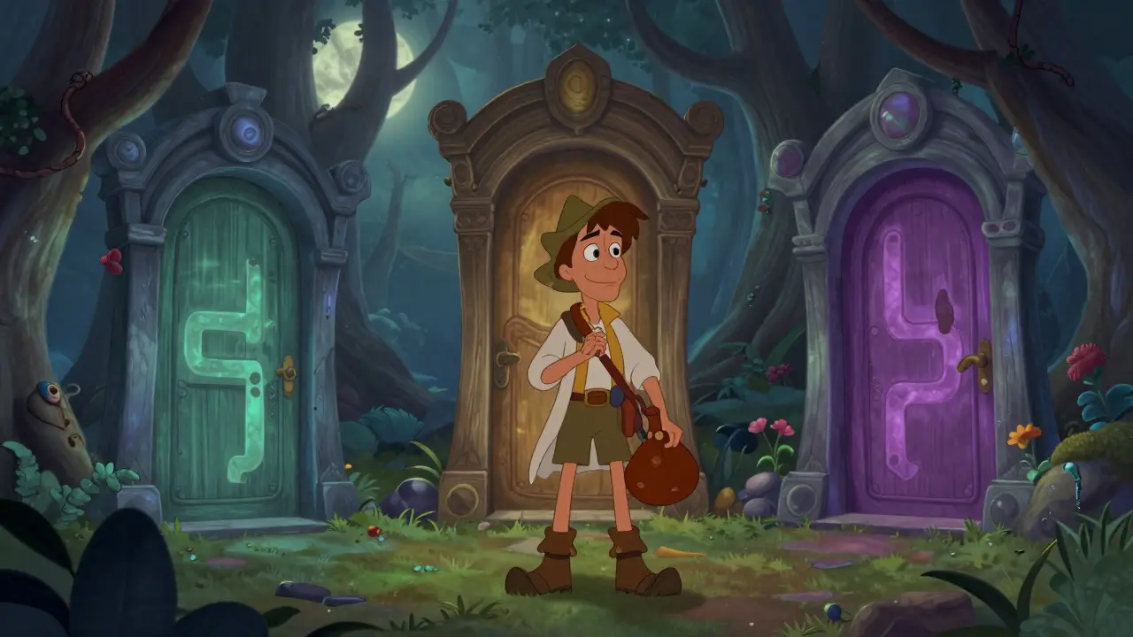 Explorer choosing between three glowing magical doors representing trading paths.