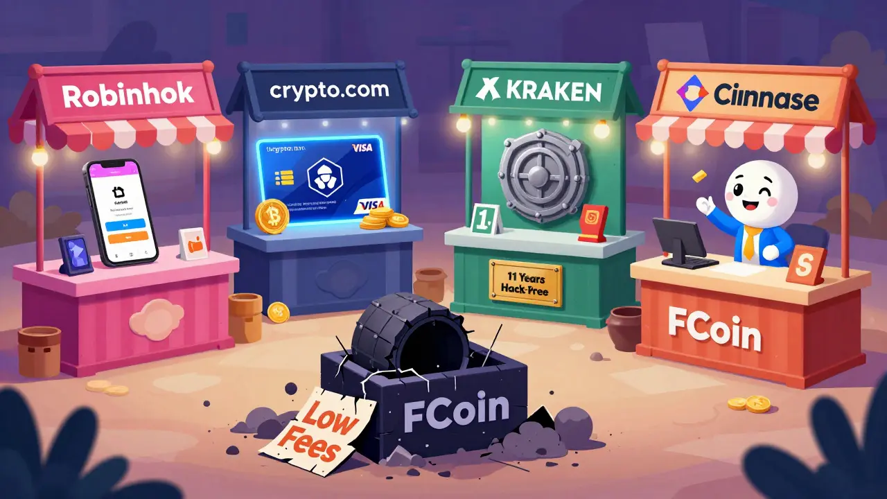 Four vibrant crypto exchange stalls contrast with a fallen, dusty FCoin pedestal in a bustling marketplace.