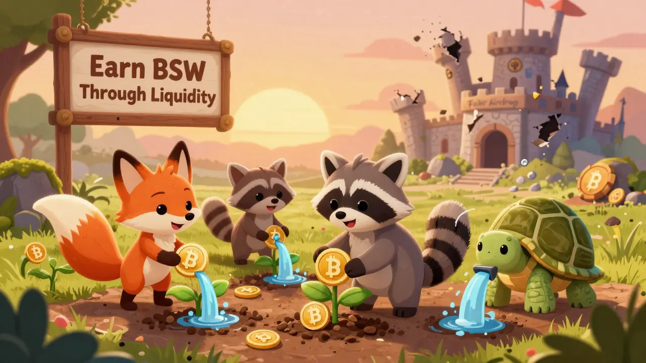 Friendly animals farming BSW tokens on Biswap, with a collapsing fake airdrop castle in the background.