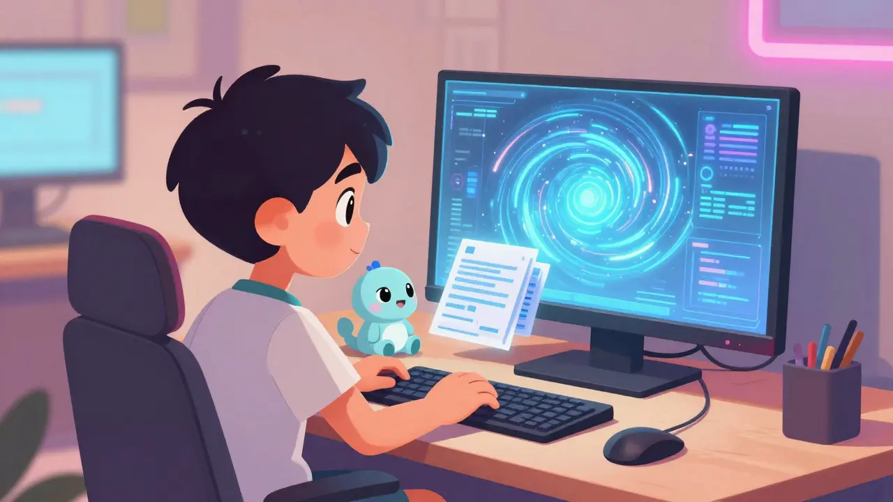 Gamer at desk with AI helper organizing magical data streams