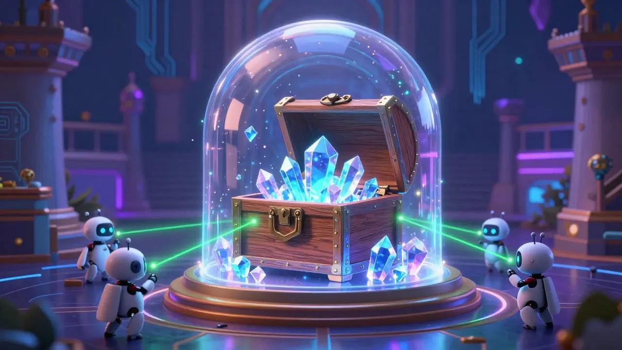 Glowing digital treasure chest protected by energy dome and helpful robots.