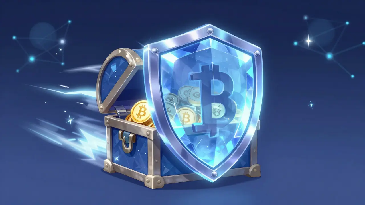 Glowing shield protecting a treasure chest with lightning bolts around it.