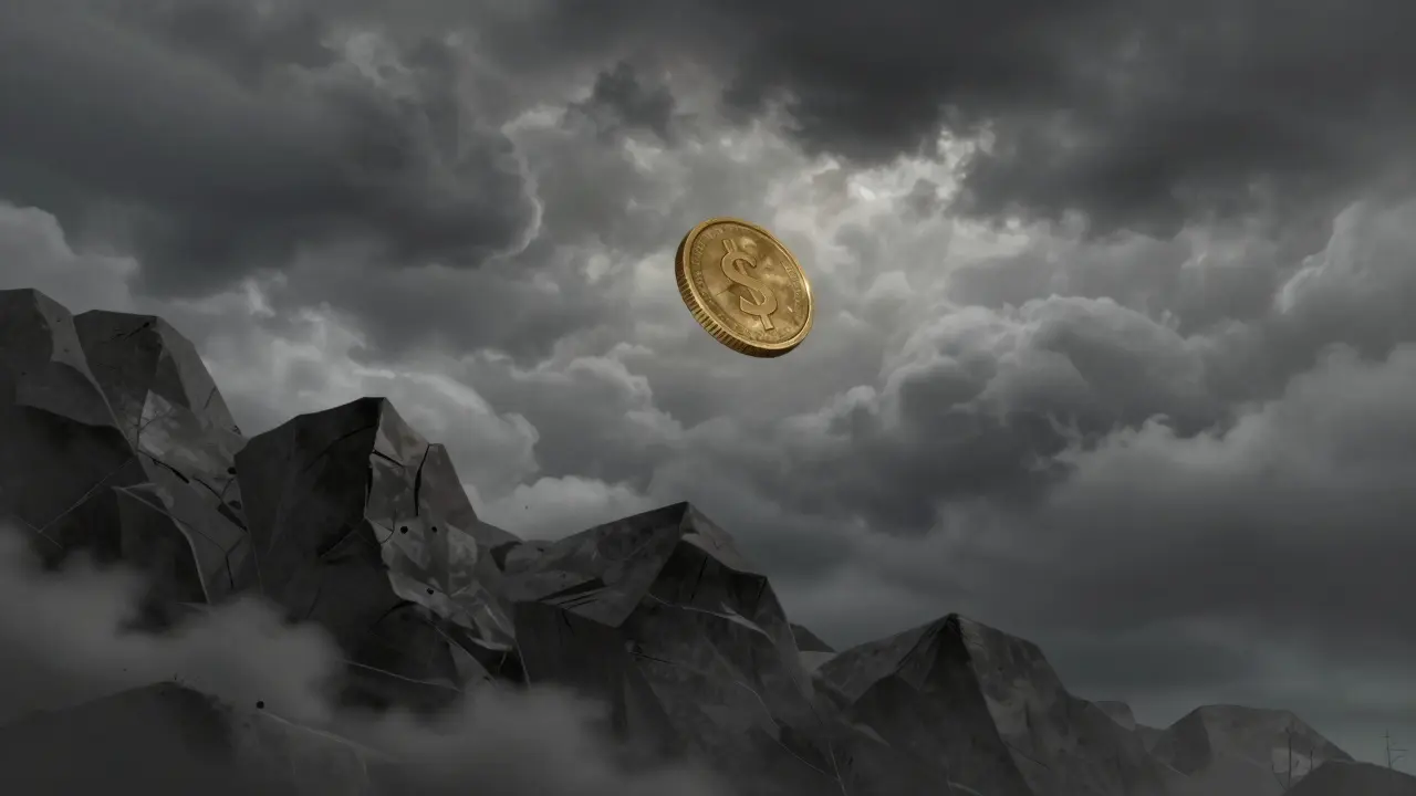 Golden coin falling through storm clouds symbolizing market crash and volatility.