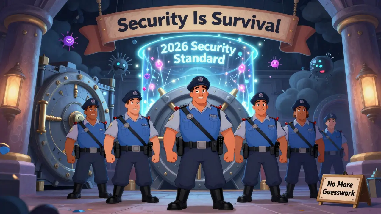 Heroic security guardians protect a treasury vault from dark AI exploits behind a force field labeled '2026 Security Standard.'