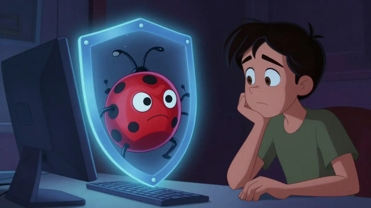 Malware bug blocked by shield around computer terminal.