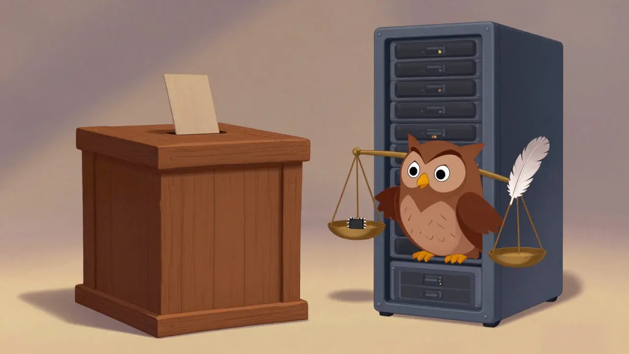 Owl balancing paper ballot box against digital server.