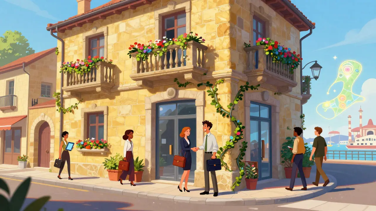 Professionals shake hands outside yellow limestone buildings with digital vine decorations.