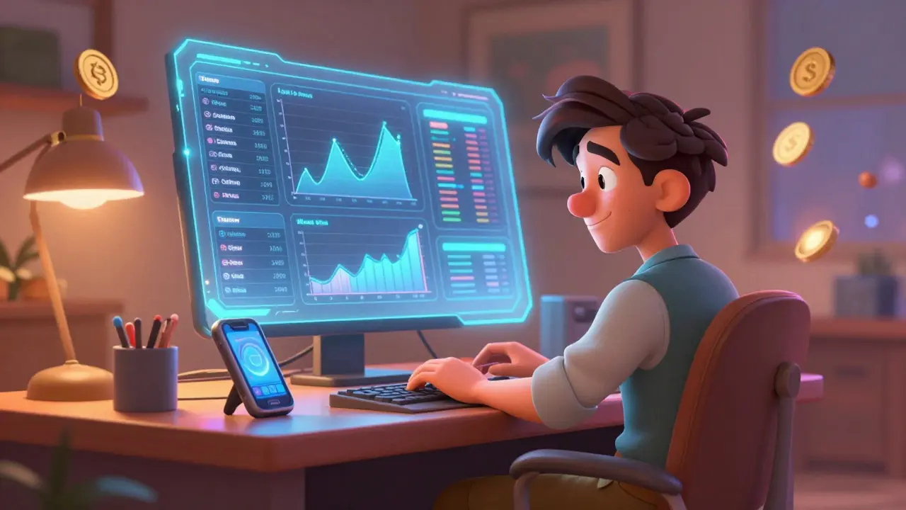Trader at a desk with a holographic interface and a smaller handheld device.