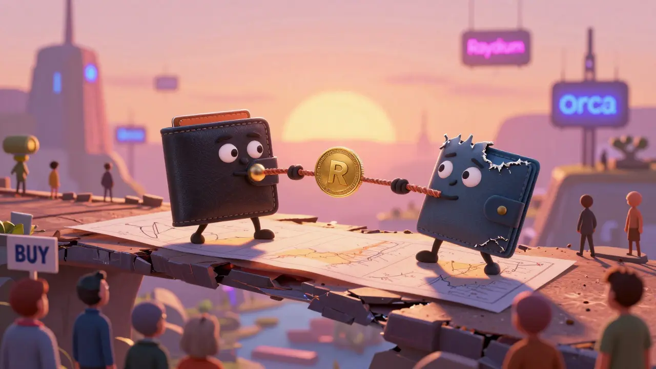 Two cartoon wallets tug over a REXHAT token on a crumbling chart bridge, while confused investors watch.