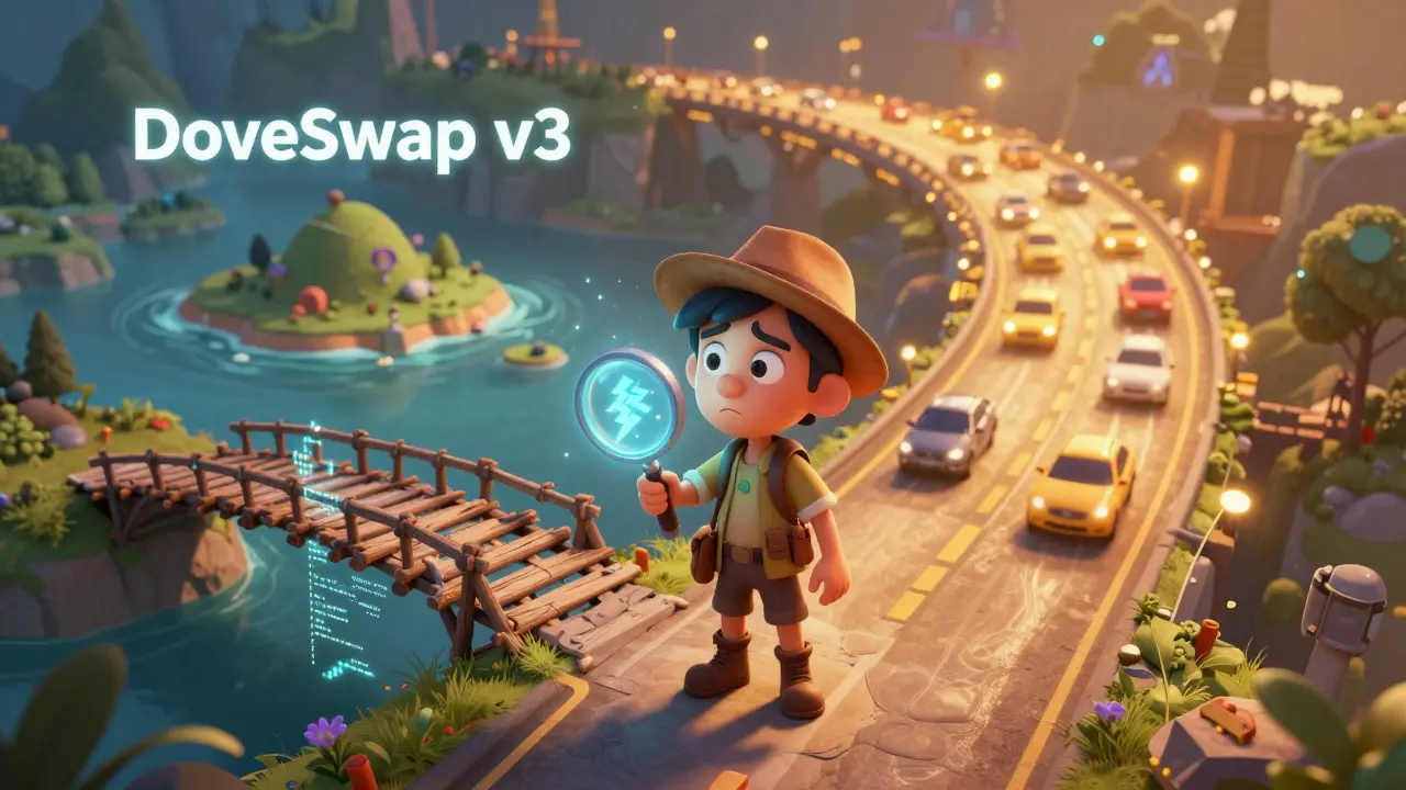 A character choosing between a rickety code bridge and a secure golden highway.