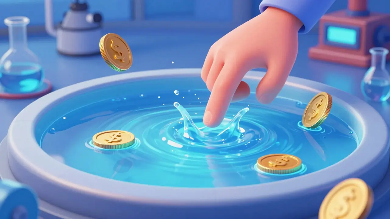 A character touching a shallow digital coin pool, creating a large ripple.