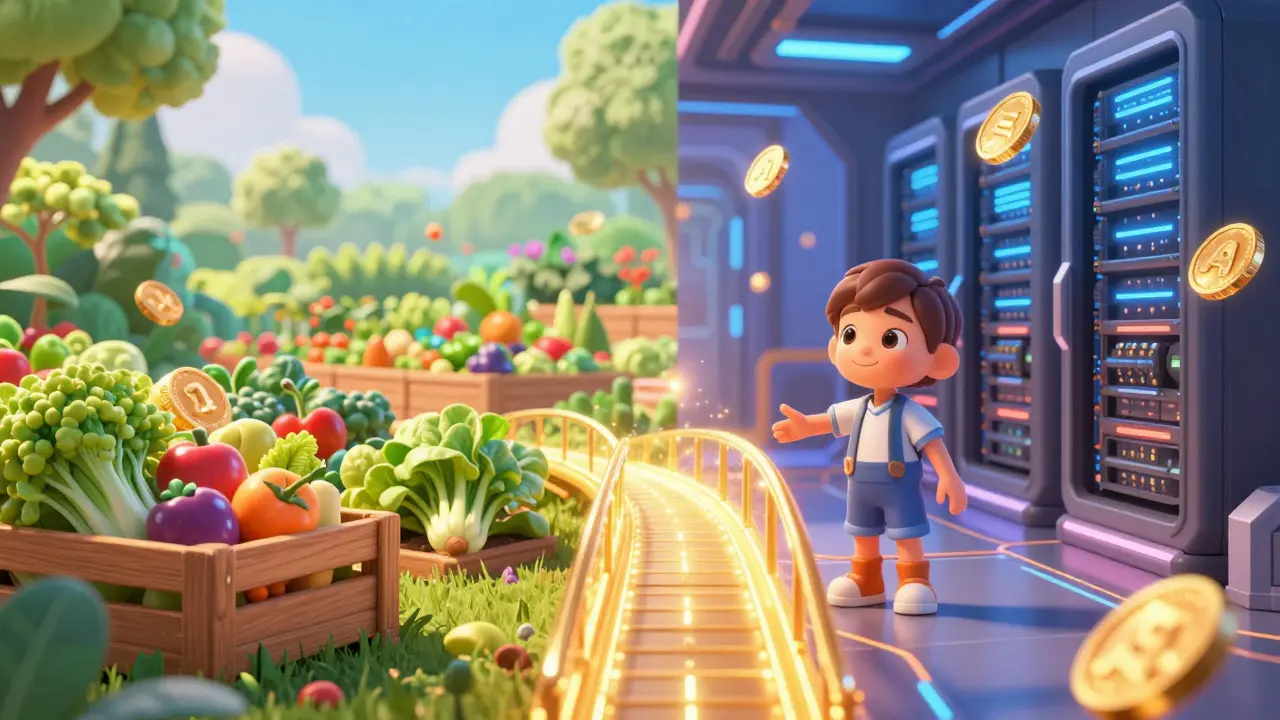 A conceptual image split between a sunny organic garden and a futuristic digital server room.