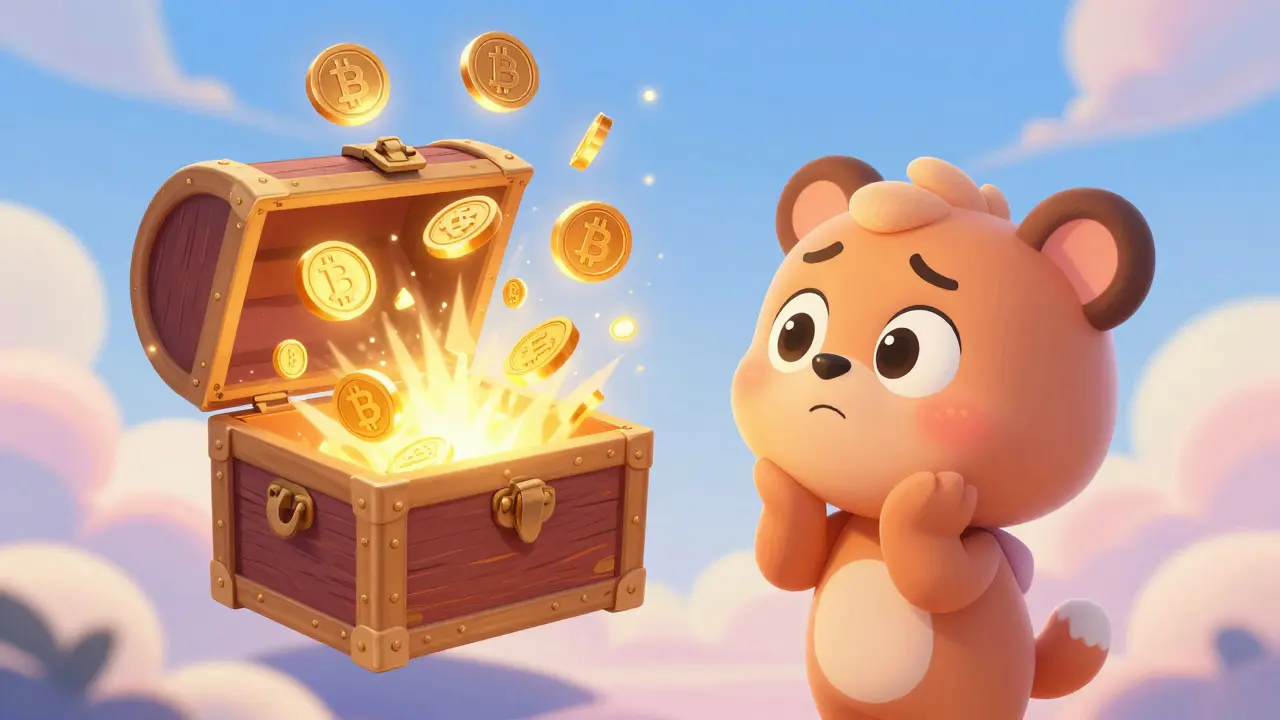 A cute character surprised by a magical treasure chest showering glowing crypto tokens.