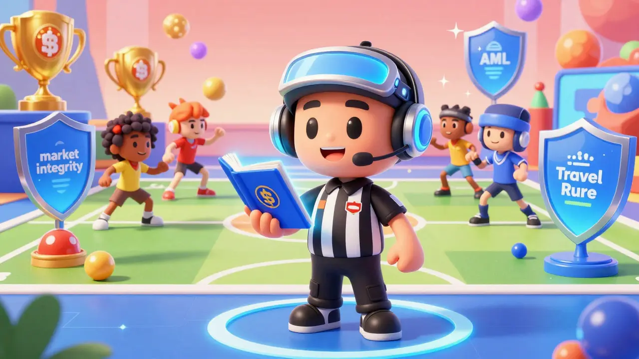 A friendly referee overseeing a game of digital assets with a glowing rulebook.