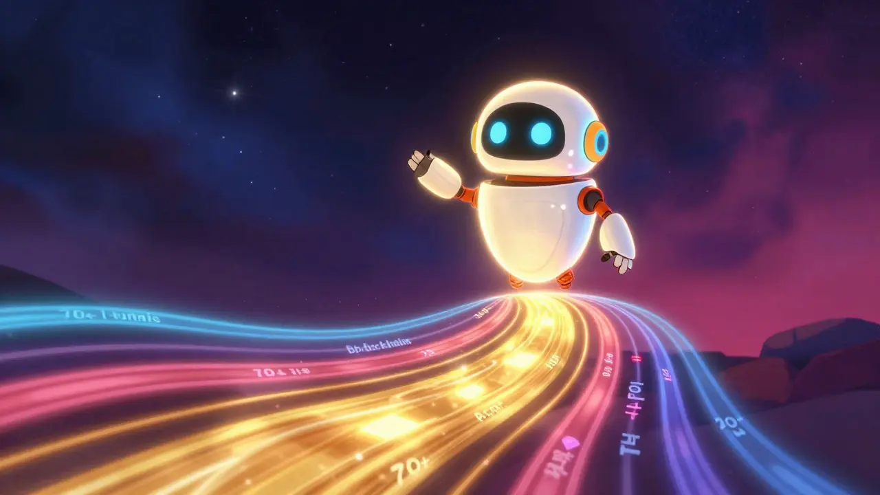 A friendly robot unifying various colorful energy streams into one golden path.