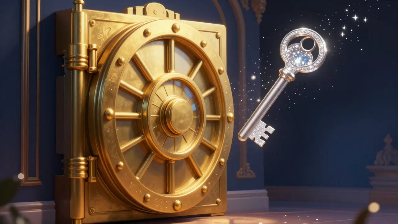 A golden digital vault door with a key floating away into a starry sky