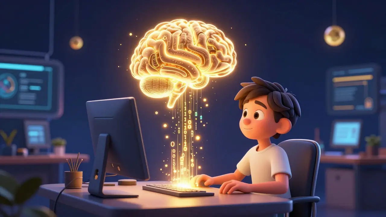 A person at a futuristic computer with a glowing AI brain structure floating in a high-tech room.
