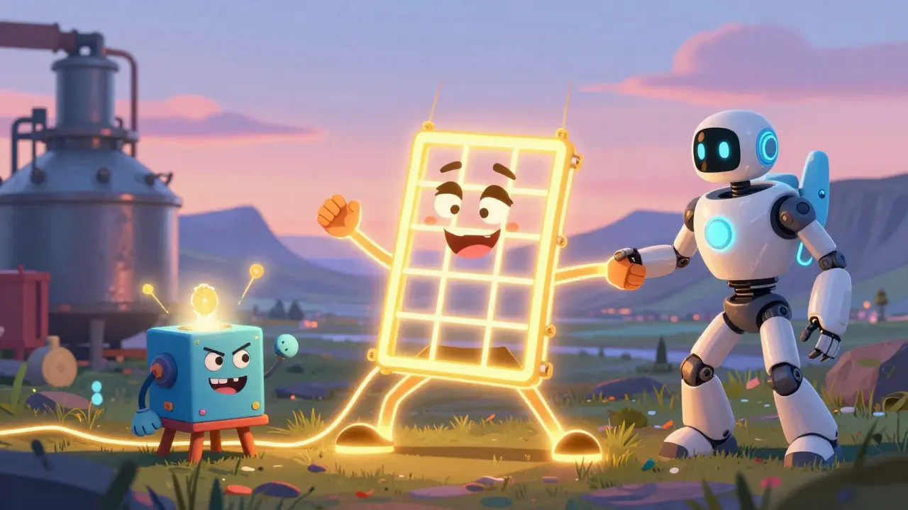 A personified power grid being pulled between a crypto rig, a smelter, and an AI robot.