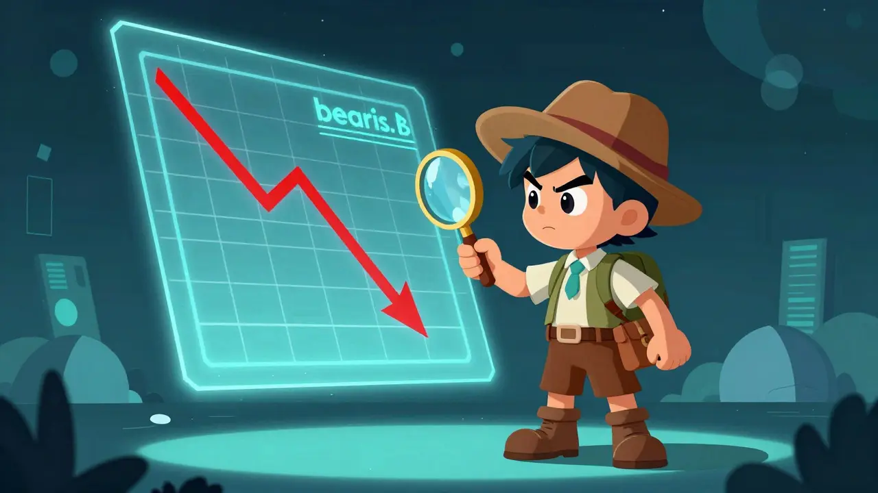 A small character using a magnifying glass to analyze a red downward-trending digital chart.