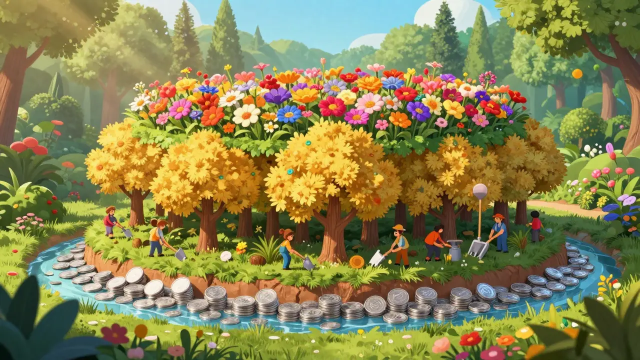 A tiered garden representing a diversified treasury with stablecoins, reserves, and native tokens.