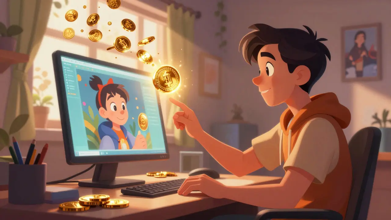 An artist transforming a digital painting into a glowing golden NFT token in a bright studio.