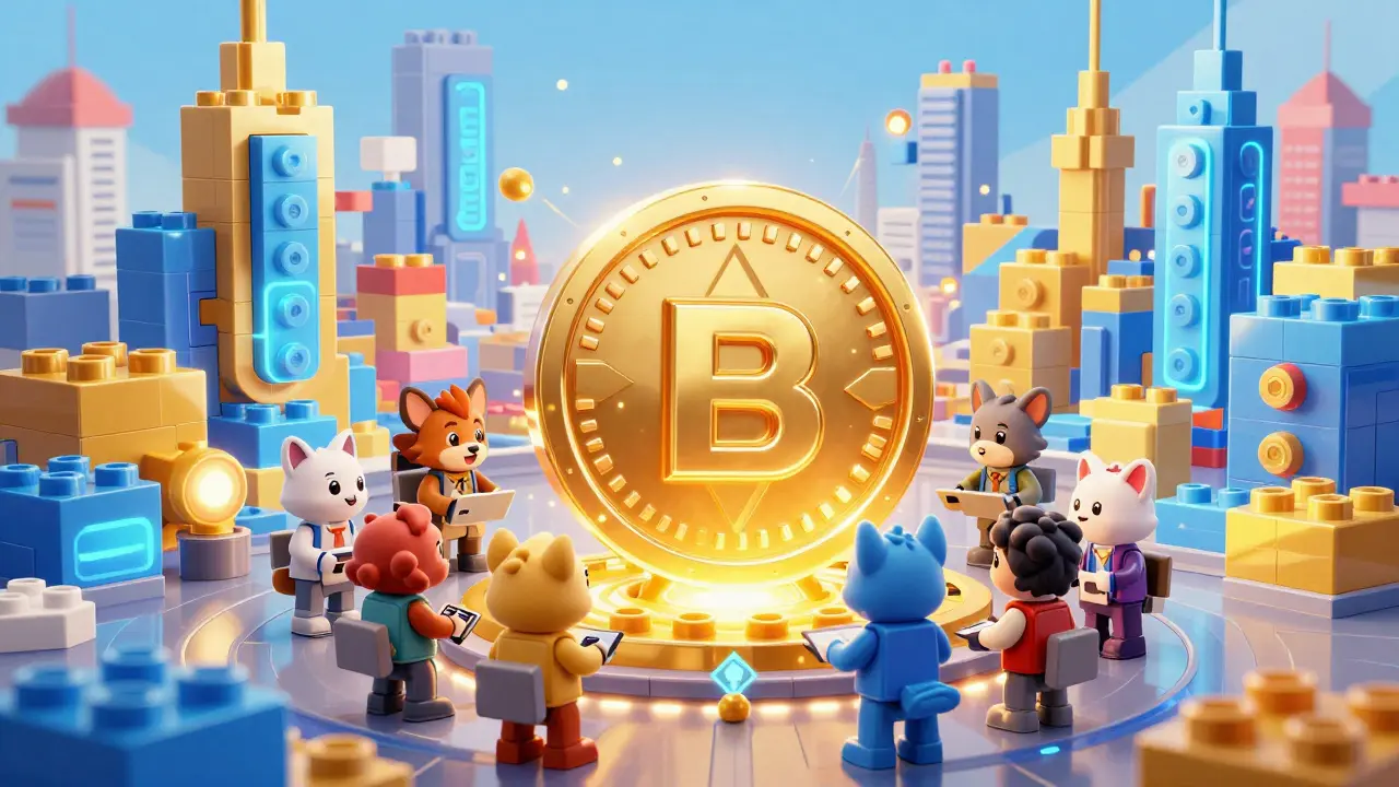 Animal developers collaborating around a glowing BP token in a neon digital city