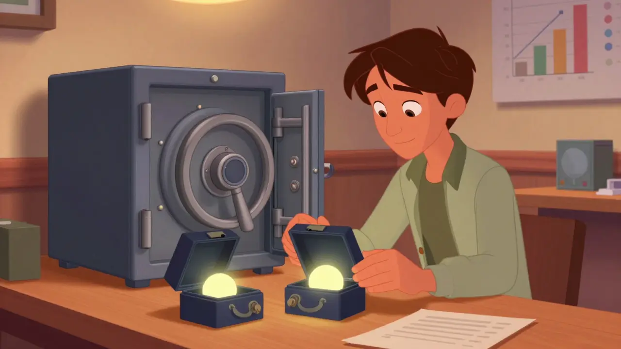 Character organizing secure digital lockboxes on a desk for safety.