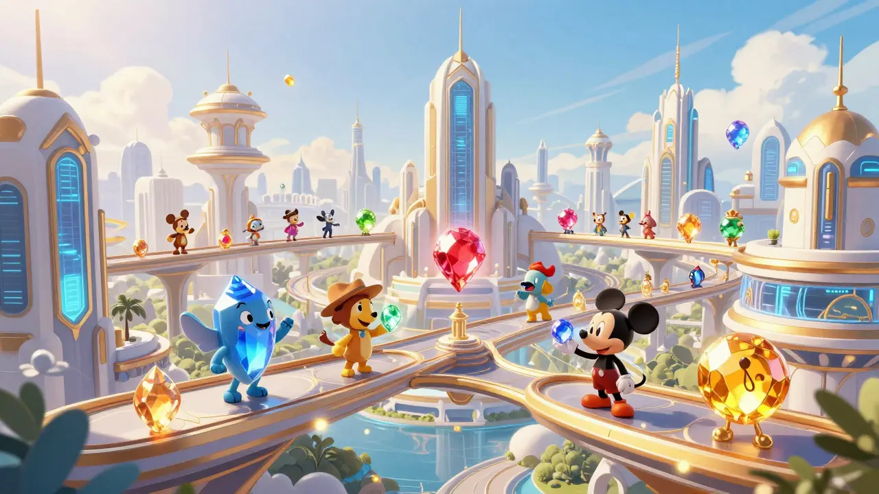 Characters happily swapping glowing digital gems in a bright, futuristic floating city.