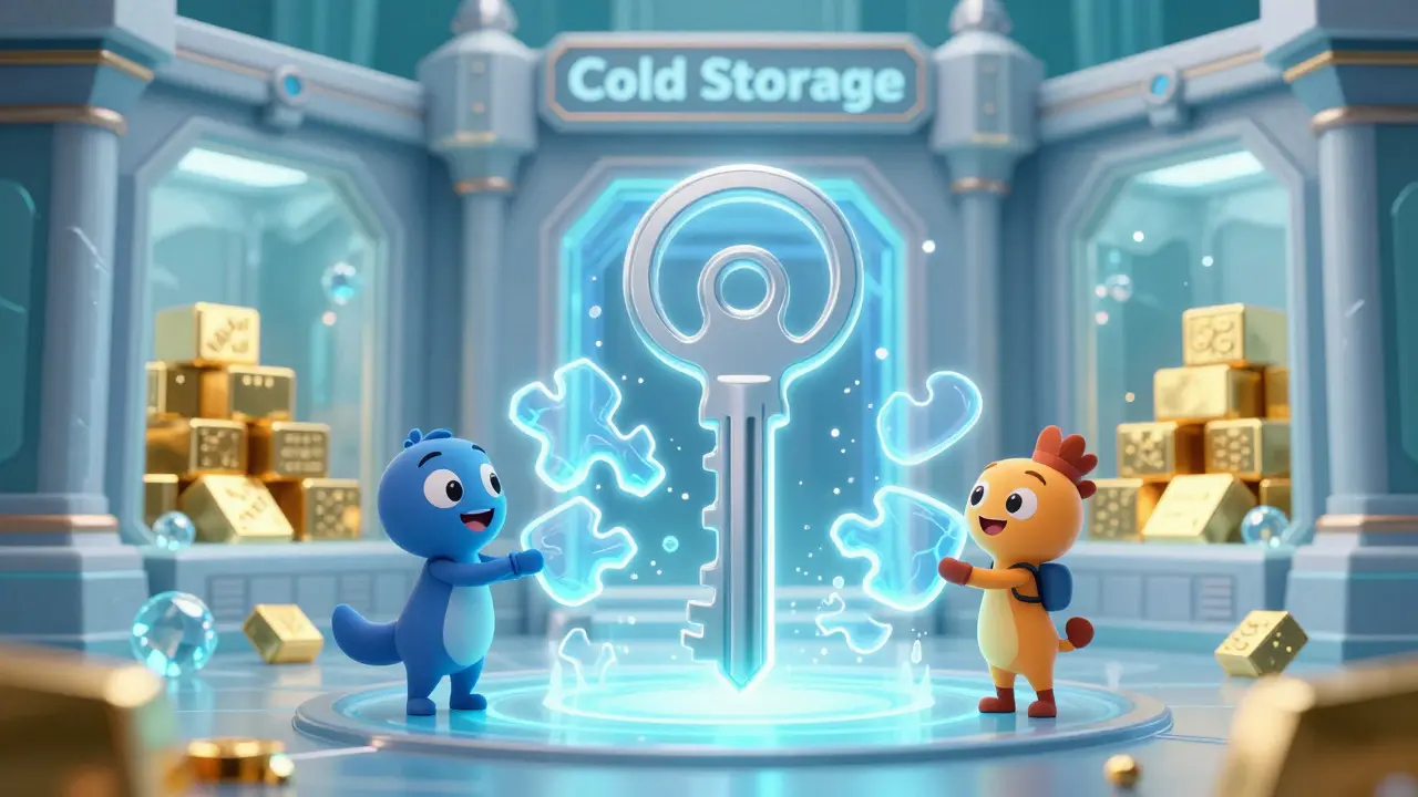 Characters holding fragments of a digital key to secure a holographic treasury vault.