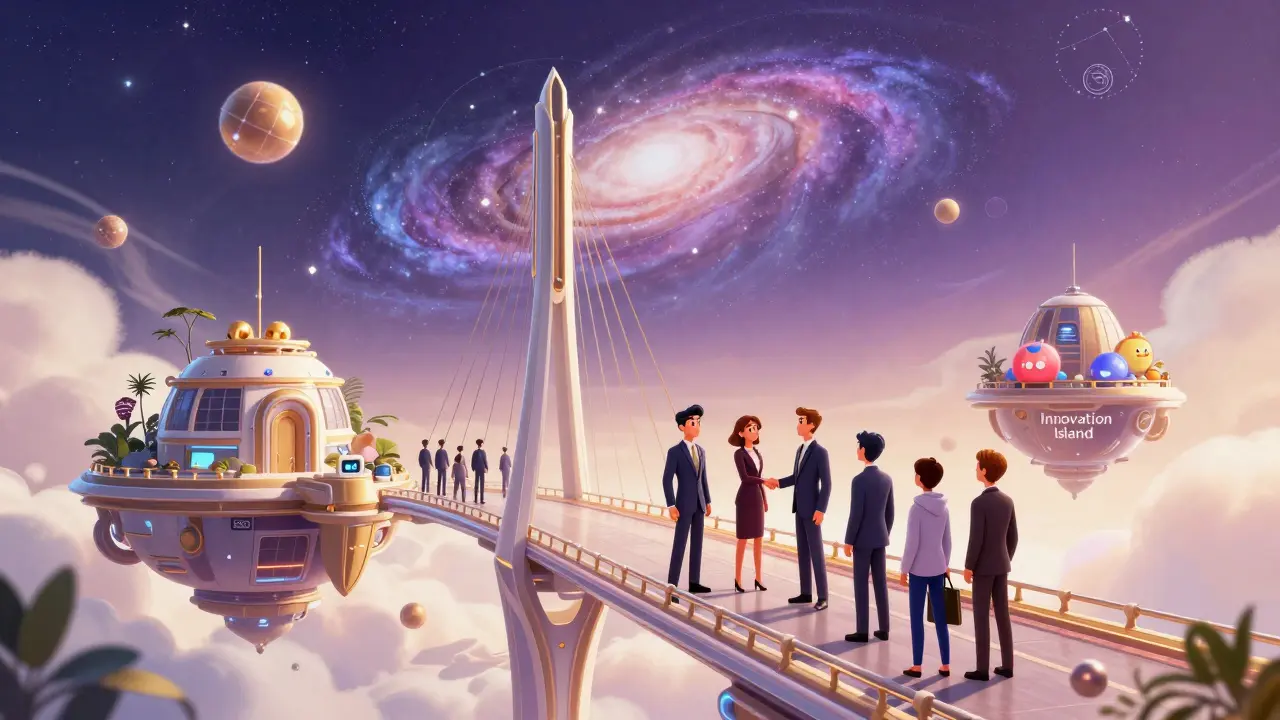 Characters shaking hands on a futuristic bridge connecting government and innovation islands.