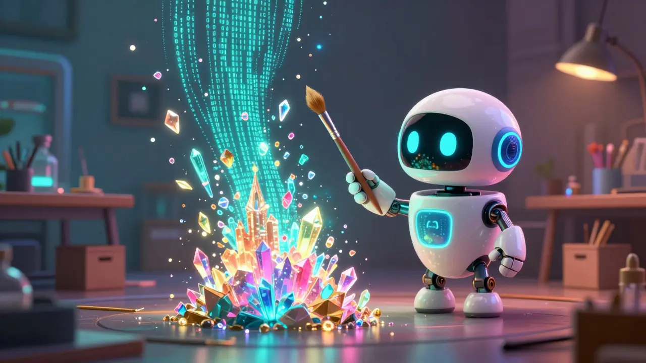 Cute robot creating a fragmented digital art piece in a futuristic studio