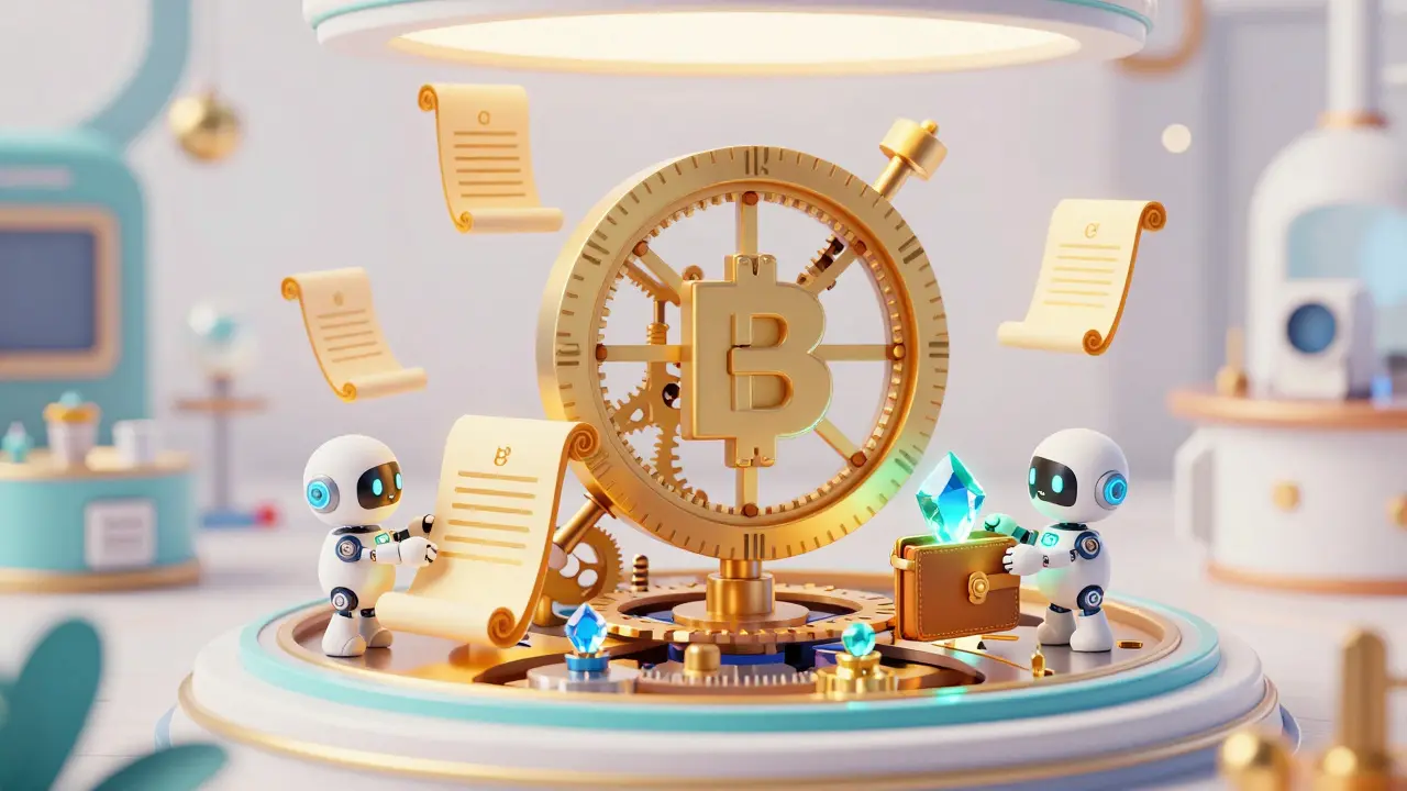 Cute robotic sprites managing glowing smart contracts and digital transfers in a futuristic lab.