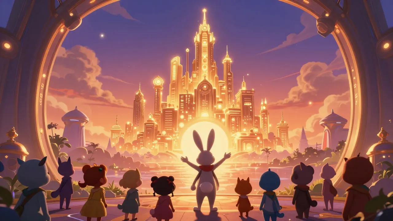 Friendly bunny guide welcoming characters to a futuristic golden NFT city