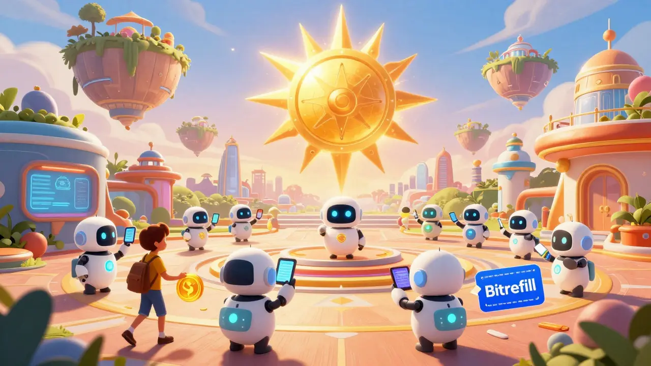 Futuristic hub where people use SXP tokens for travel and gifts in Disney animation style.