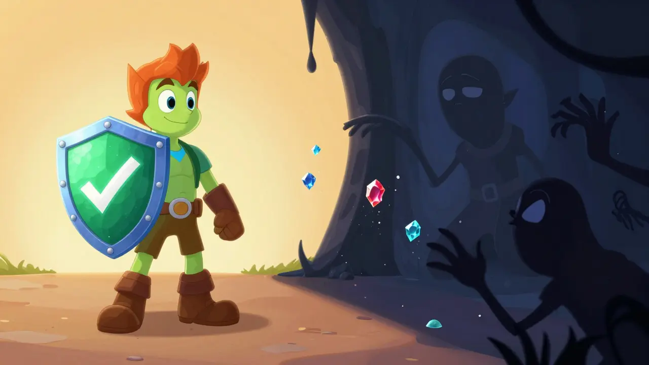 Guardian character shielding themselves from shadowy scam threats with a green badge.