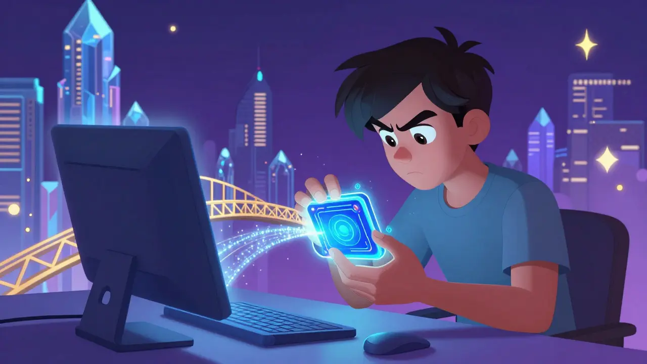 Person installing a digital wallet connected to a floating crystalline city in Disney style.