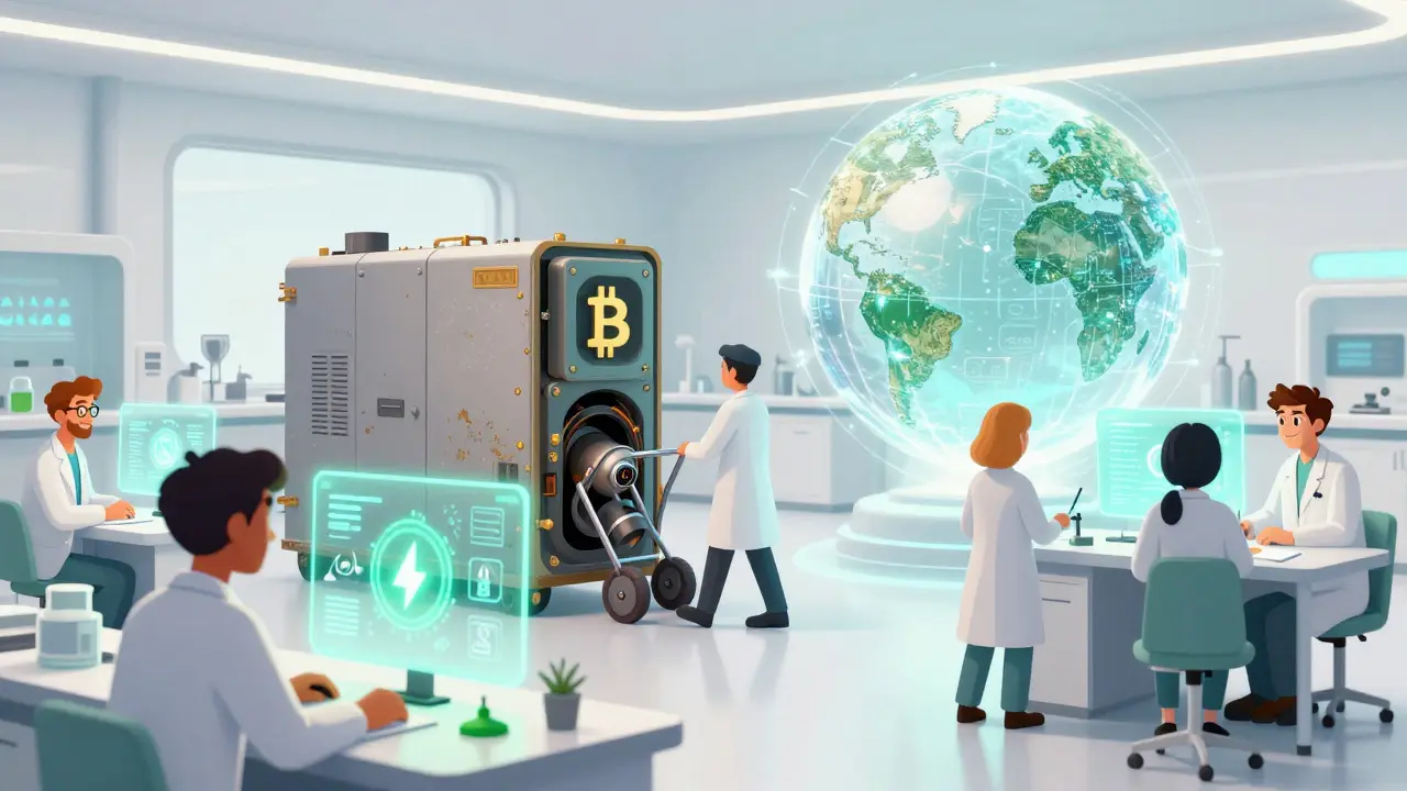 Scientists in a bright lab working with holograms of green blockchain technology.