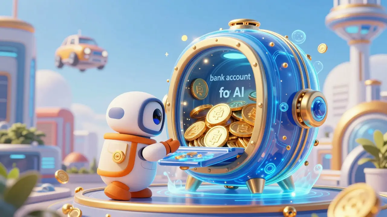 Small AI droid accessing a digital energy vault filled with coins