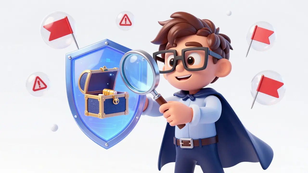 Smart character using a magnifying glass to protect a digital wallet from red flags