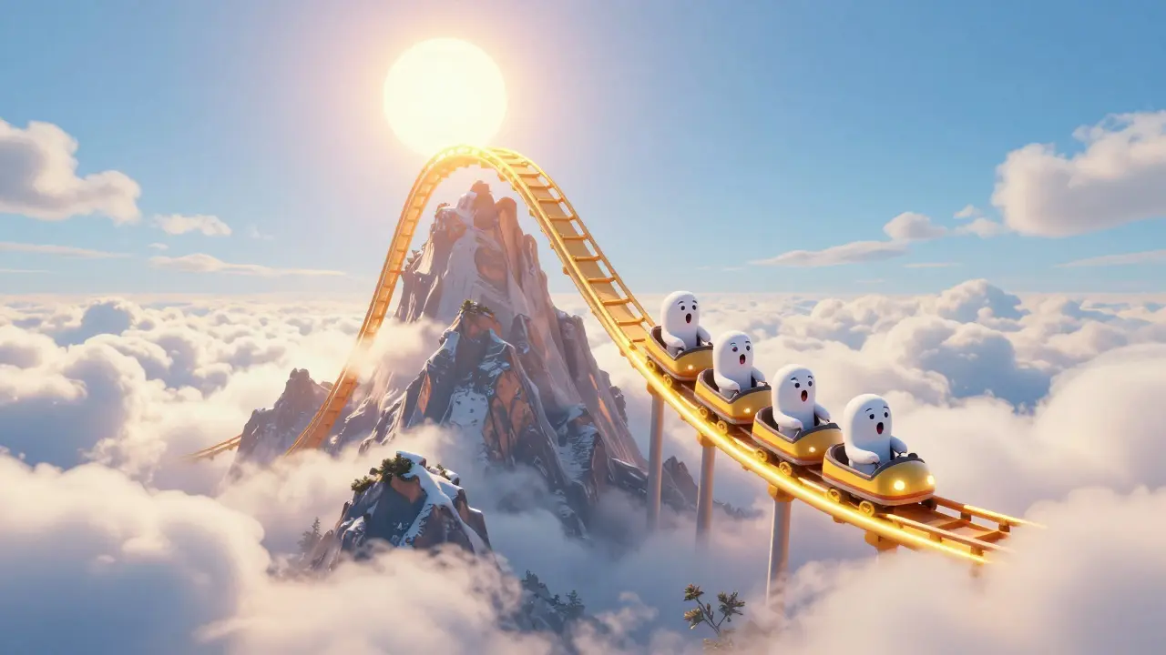 Stylized characters riding a glowing gold price chart shaped like a roller coaster