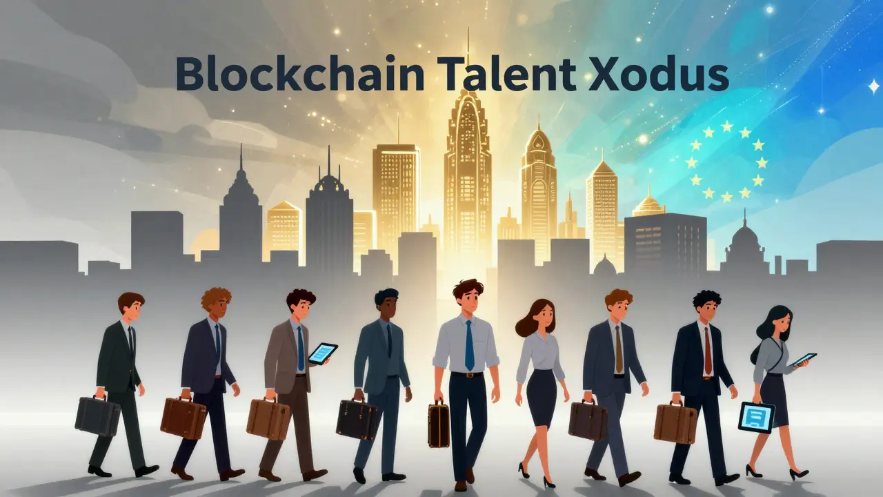 Tech professionals migrating from a grey city to a bright futuristic city in Disney style.